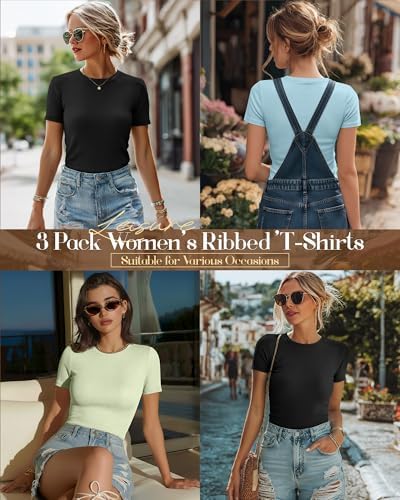 Ficerd 3 Pack Women's Ribbed Short Sleeve T-Shirts