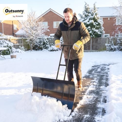 Outsunny Snow Shovel with Wheels, 29" x 18" Metal Snow Pusher, Black