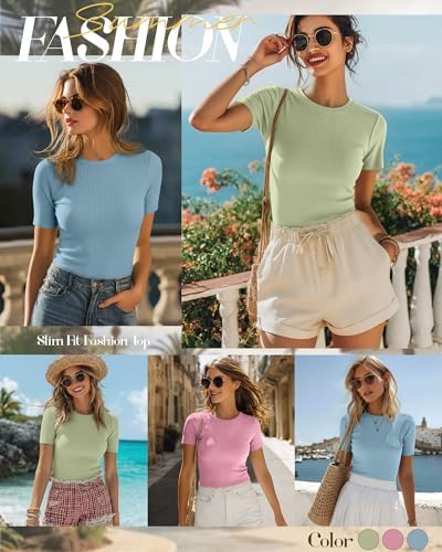 Ficerd 3 Pack Women's Ribbed Short Sleeve T-Shirts