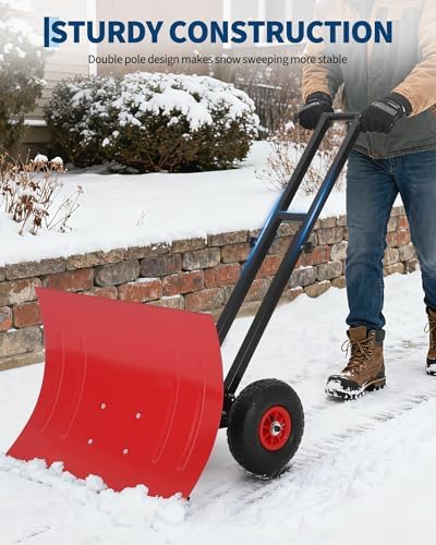 GarveeTech 29x19.8 in Rolling Snow Shovel on Wheels, Metal Snow Pusher