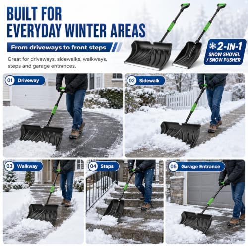 DMJN [2026 Upgraded] 2-in-1 Snow Pusher & Snow Shovel, 53" Aluminum Snow Removal Tool with 20" Wide Pusher & 10" Shovel for Driveways, Sidewalks, Steps and Walkways
