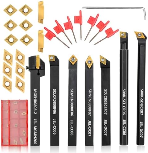 Indexable Lathe Turning Tool 21Pcs Kit 5/16" 8mm Shank 7 Pcs Metal Lathe Tool Holder Set with 14 Pcs Turning Inserts for Turning Grooving Threading Boring Carbide Inserts Carbide Turning Tool