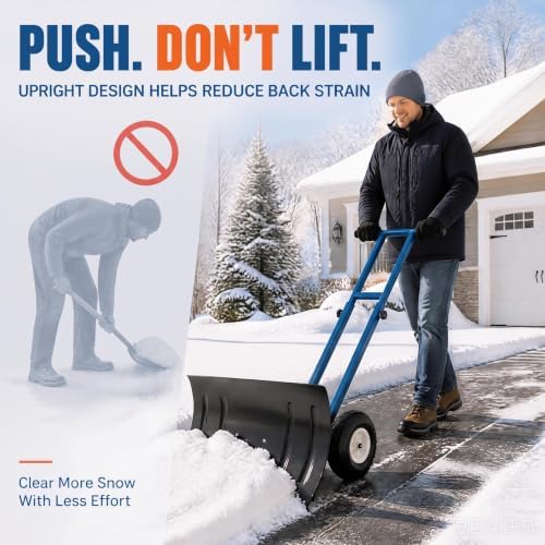 GarveeLife Wheeled Snow Shovel - 29in Steel Blade, 10in Wheels Deep Blue