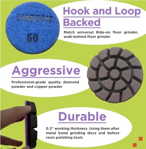 Concrete Floor Polishing Pucks Sharp Diamond Copper Bond Grinding Disc, Fit Ride-on Floor Grinder, Walk-Behind Grinder, 3 Inch Hook and Loop Long Using Life Polishing Pads, 50#
