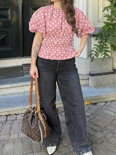 Cicy Bell Women Polka Dot Peplum Blouse Round Neck Puff Sleeve Summer Top