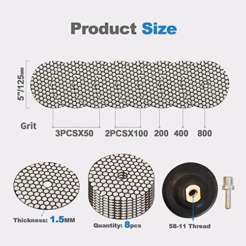 Dry Diamond Polishing Pads - 8pcs 5 inch (#50x3,#100x2,#200x1,#400x1,#800x1) Sanding Pads Kit for Granite Marble Ceramic Used on Angle Grinder or Polisher, with Rubber Backing Pads+ Adapter 5/8”-11