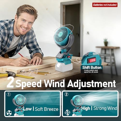 Portable Clip Fan compatible with Ma-ki-ta 18v Battery, Battery Powered Fan with Dual USB Charging, Cordless Fan with Adjustable Head, for Car, Home, Outdoor,Camping, Picnic and Job Site(Tool Only)