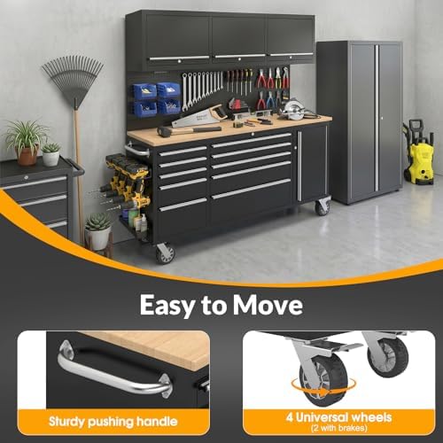 72” Rolling Tool Chest, Garage Cabinets Workbench with 10 Storage Drawers and Wheels, 3 Upper Cabinet, Pegboard, Light Strip, Steel Large Tool Box