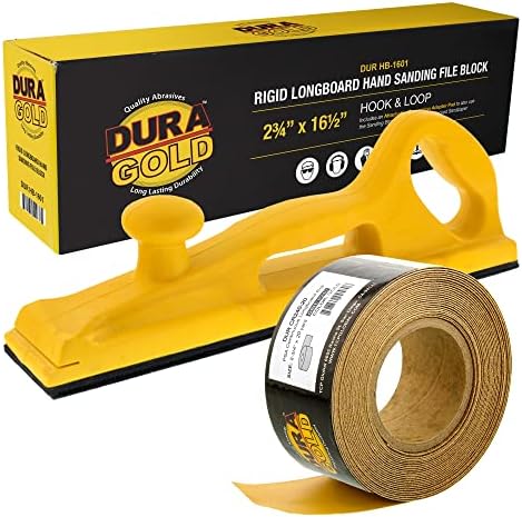Dura-Gold Pro Series Rigid Longboard Hand Sanding File Block with Both Hook & Loop Backing and PSA Backing Adapter Pad & 240 Grit PSA Longboard Sandpaper 20 Yard Roll, 2-3/4" Wide