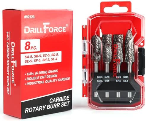 8PCS Carbide Burr Set 1/4" Shank, Double Cut Tungsten Carbide Rotary Tool Attachment Kit Rasp Accessories for Die Grinder Metal Wood Carving, Engraving, Polishing, Deburring