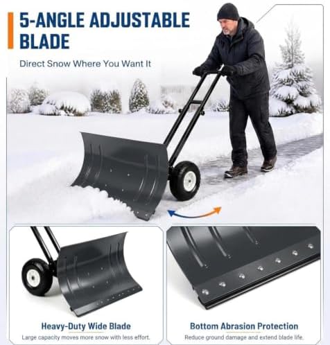 GarveeLife Wheeled Snow Shovel - 29in Steel Blade, 10in Wheels Gray/Black