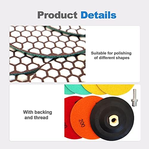 Dry Diamond Polishing Pads - 8pcs 5 inch (#50x3,#100x2,#200x1,#400x1,#800x1) Sanding Pads Kit for Granite Marble Ceramic Used on Angle Grinder or Polisher, with Rubber Backing Pads+ Adapter 5/8”-11