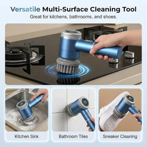 Electric Spin Scrubber, Cordless Shower Scrubber with Digital Display, 3 Speed Power Cleaning Brush with 5 Replaceable Heads, Ideal for Bathroom Tile Tub Sink Floor (White-2PCS)
