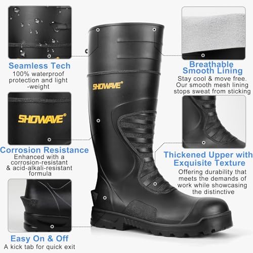 Showave Men's Rubber Boots Steel Toe Rain Boot Construction Waterproof Boot