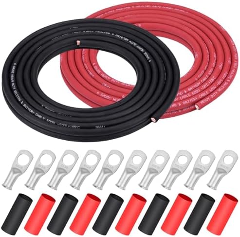 iGreely 6 Gauge 6 AWG Wire 20 Feet Black + 20 Feet Red Welding Battery Pure Copper Ultra Flexible Cable + 5pcs of 5/16" & 5pcs 3/8" Copper Cable Lug Terminal Connectors+Heat Shrink Tubing
