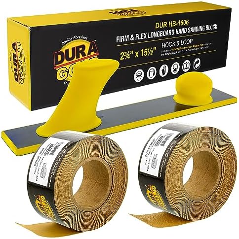 Dura-Gold Pro Series Firm & Flex Longboard Hand Sanding Block, Hook & Loop Backing & PSA Adapter Pad with 80 & 180 Grit Gold PSA Longboard Sandpaper