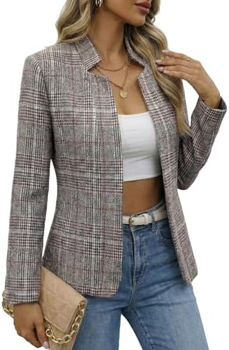 Mina Self 2026 Fall Women's Open Front Tweed Blazer,Plaid Fitted Jacket