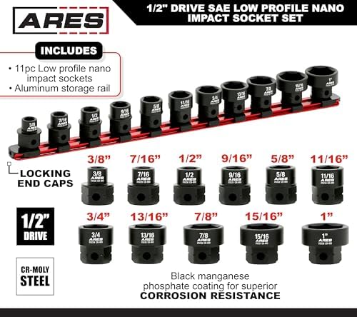 ARES 29021 11-Pc 1/2in SAE Nano Sockets, Low Profile, w/Rail | Impact grade sockets offer greater clearance than typical shallow sockets