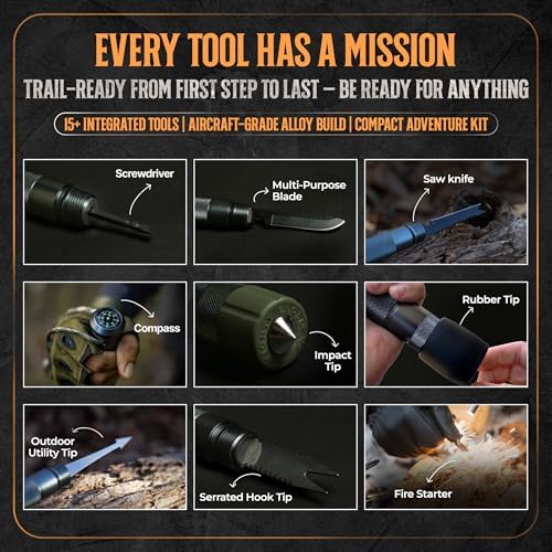 Prime Adventure 15-in-1 Tactical Survival Walking Stick & Hiking Staff – Heavy-Duty Collapsible Multitool for Camping, Hiking & Outdoor Survival Gear (8 Tubes, Premium Build)