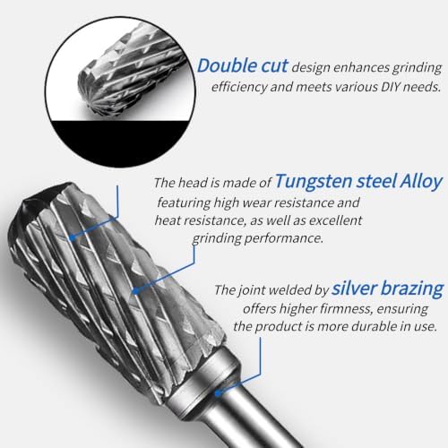 10PCS Tungsten Carbide Burr Set, 3/8" Head 1/4" Shank HRA90 Rotary Burr Bits, for Metal Grinding, Wood Carving, Deburring,Engraving, Drilling