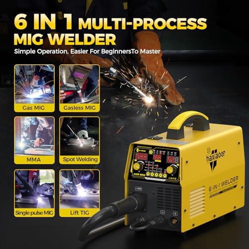 MIG Welder, 200A Welding Machine 110/220V,6-in-1 Flux Core MIG/Gas MIG/Single Pulse MIG/Lift TIG/Stick /2T 4T Spot Multiprocess Welder with Synergy