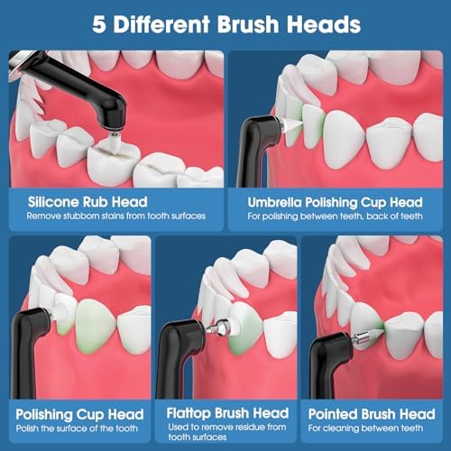 Tooth Polisher Plaque Remover for Teeth, Whitening Kit with 10 Brush Heads & 6 Polishing Pastes, 5 Smart Modes to Effectively Remove Stains, Yellowing and Plaque, Rechargeable, Black