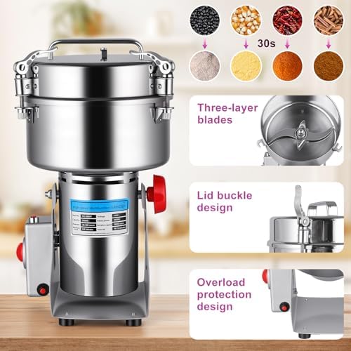 Grain Mill, 2500g High-Capacity Stainless Steel flour mill, 270° Swing for Easy Operation, Perfect for Kitchen & Coffee Shop to Grind Grains and Corn Efficiently