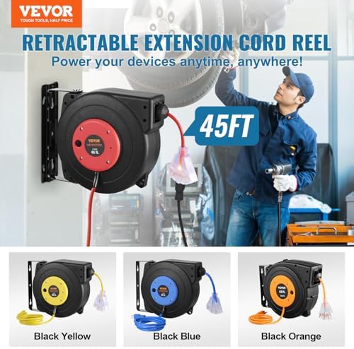 VEVOR Retractable Extension Cord Reel, 45 FT, Heavy Duty 12AWG/3C SJTOW Extension Power Cord with Lighted Triple Tap Outlet, 15A Circuit Breaker 180° Swivel Bracket for Ceiling or Wall Mount, Red