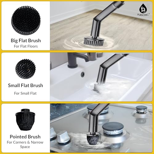 Pursonic Electric Spin Scrubber – Cordless Cleaning Tool with 7 Brush Heads, Heavy Duty Bathroom Tile Cleaner & Floor Scrubber for Tub, Sink, Wall, Kitchen, Car & Household Cleaning