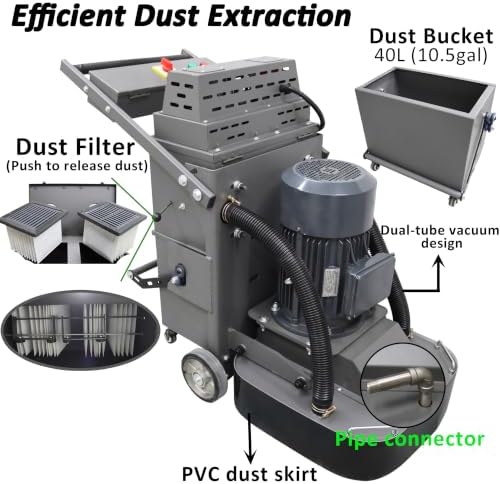TECHTONGDA 9-Head Electric Concrete Floor Grinding & Polishing Machine 19.6" Grinding Width with Pipe Fitting 40L Dust Collection Box 1430 RPM for Home Renovation Remodeling Garages 220V Single-phase