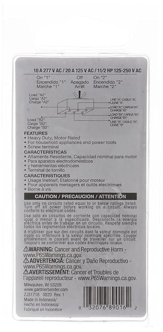Gardner Bender GSW-16 Heavy-Duty Electrical Toggle Switch, DPDT, ON-(OFF)-ON, 20 A/125V AC, Screw Terminal