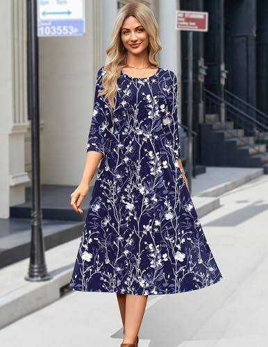 Zeagoo 3/4 Sleeve Women's Dress Casual Aline Summer Fall Midi Long Dresses