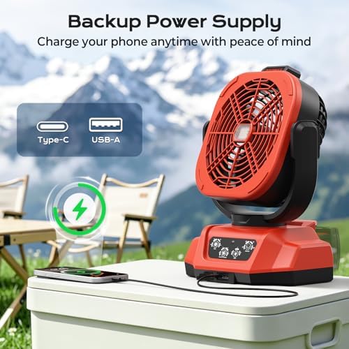 Battery Operated Fan for Milwaukee M18 battery, Camping Fan with USB A/C & LED Lights, 4 Speeds & Remote Control, Portable/Cordless/Battery Powered fan, for Outside, Jobsite (Battery Not Included)