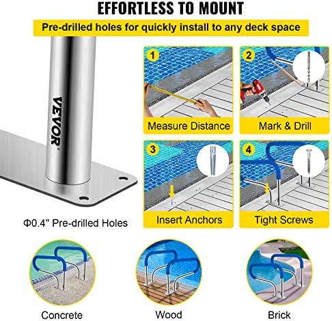 VEVOR Pool Handrail, 32 x 22.5 Swimming Pool Stair Rail, 304 Stainless Steel Stair Pool Hand Rail Rated 375lbs Load Capacity, Pool Rail with Quick Mount Base Plate, and Complete Mounting Accessories