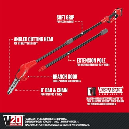 CRAFTSMAN V20 Cordless Pole Saw, 14-Foot, Battery and Charger Included, Pole Saws for Tree Trimming, Up to 325 Cuts per Charge, 4.0Ah, Electric Tree Trimmer (CMCCSP20M1)