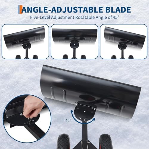 Garvee Heavy Duty Steel Snow Shovel Pusher with Wheels for Driveways, 29In Wide Push Snow Plow Shovel, Adjustable Handle, Angled Blade, Efficient Snow Removal for Easy Driveway & Pavement Clearing