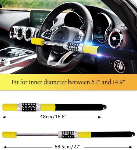 Tevlaphee Steering Wheel Lock, Car Lock Anti Theft Keyless Extendable Retractable Password 5 Coded Combination Lock, Heavy Duty Universal Fit (Yellow)