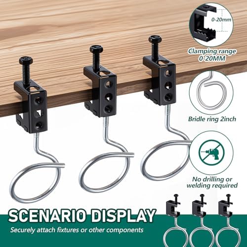 Tandefio 100 Set 1/4"-20 Spring Steel Beam Clamps Metal Beam Hangers Bolt on Clamp with Metal Machine Threaded Bridle Rings for Pipe Cable Woodworking Tool (Black,2 Inch Bridle Rings)