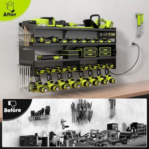 POKIPO Large Power Tool Organizer Wall Mount with Charging Station,4 Layer Heavy Duty Metal Tool Storage Rack Loads 600lbs with 8 Cordless Drill Holder,Battery Utility Rack Loads with 4 Power Strip