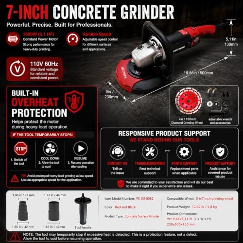 7-Inch Concrete Grinder,1580W (2.1 HP) Constant Power Motor, Variable Speed Electric Floor Polisher with Dust Shroud & Diamond Grinding Wheel for Concrete, Wall & Surface Grinding