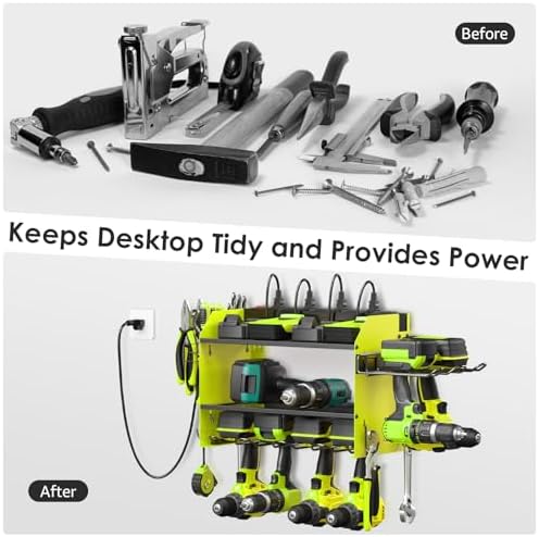 CCCEI Modular Power Tool Organizer Wall Mount Charging Station, Green 6 Drills Holder with 8 Plug Power Strip 6FT, Garage Drill Battery Heavy Duty Metal Shelf, Utility Rack with Hooks, Side Storage.