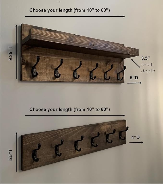 Coat Rack with Shelf Wall Mounted with Storage (Choose Your Length) Towel Rack Entryway Organizer Key Hooks (40" L (10 Hooks) Set of 2)