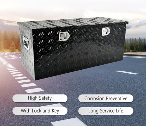 44 Inch Heavy Duty Aluminum Truck Tool Box Pick Up Truck Bed RV Trailer Toolbox Storage Organizer with Side Handle, Lock & Keys，Black,5 Bar Tread 44"(L) X18''(W) X18(H) Storage Box