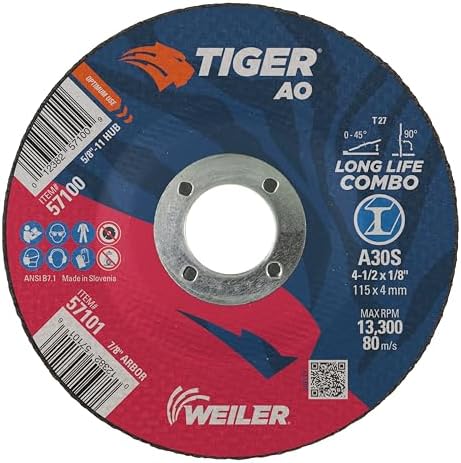 Weiler 57101 4-1/2" x 1/8" Tiger Type 27 Cut and Grind Combo Wheel, A30S, 7/8" A.H. (Pack of 25)
