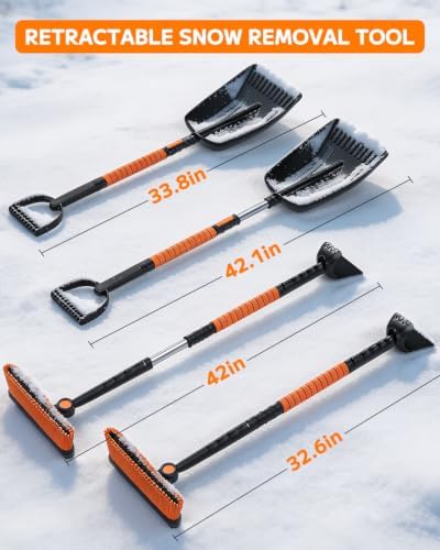 42'' Car Snow Brush and Ice Scraper with Portable Car Snow Shovel, 180° Swivel Brush Head, Extendable 5-in-1 Snow Removal Kit for Windshield, Truck, Car, SUV, Vehicle Winter Snow Removal Tool