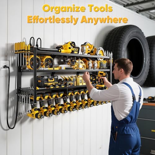 POKIPO Power Tool Organizer Wall Mount with Charging Station, 4 Tier Tool Battery Storage Rack Built in 8 Outlet Power Strip for Garage, 49" W, Black