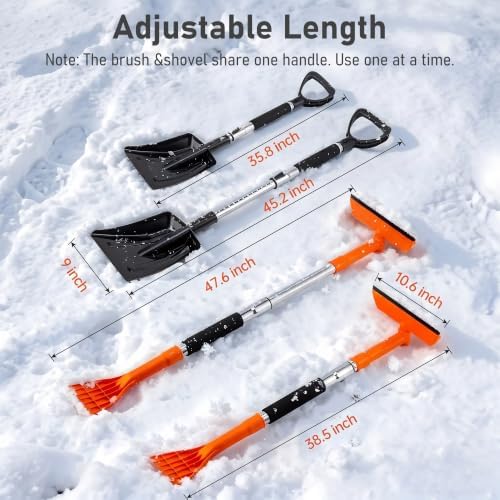 COCCKO 47.6" Car Snow Brush and Ice Scraper, 3-in-1 Heavy Duty Extendable Snow Shovel with 360° Rotating Silicone Brush Head, Durable Snow Removal Tool for SUV Truck(Tangerine)