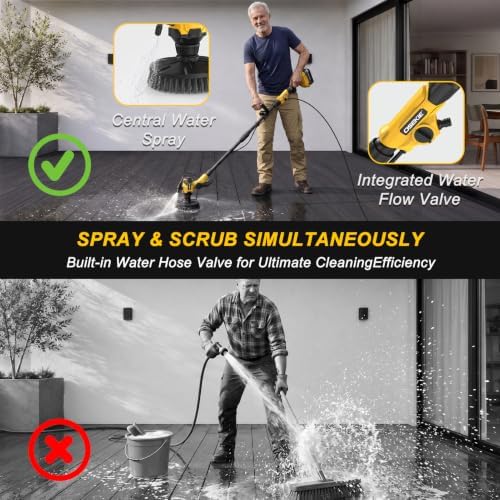 6" Brushless Cordless Power Spin Scrubber Compatible with DeWalt 20V Max (Tool Only), 2-Speed 350 RPM Electric Floor Scrubber with Water Hose Valve, 90° Adjustable Head for Deck, Patio & Driveway