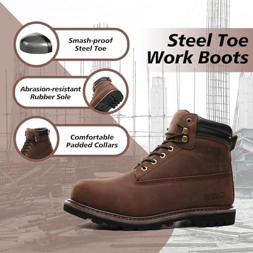 Steel Toe Work Boots for Men, 6-Inch Non Slip Comfortable Leather Waterproof Industrial Construction Safety Workboots
