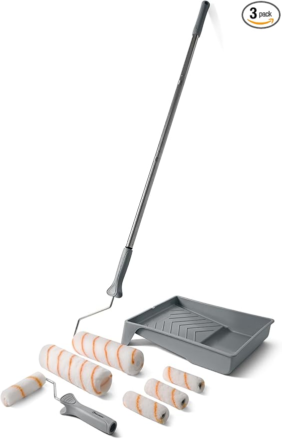 ROLLINGDOG Paint Roller Kit with Extension Pole - 9 Inch Paint Roller with Tray, 4Inch Mini Rollers,Stainless Steel Extension Pole (3ft)